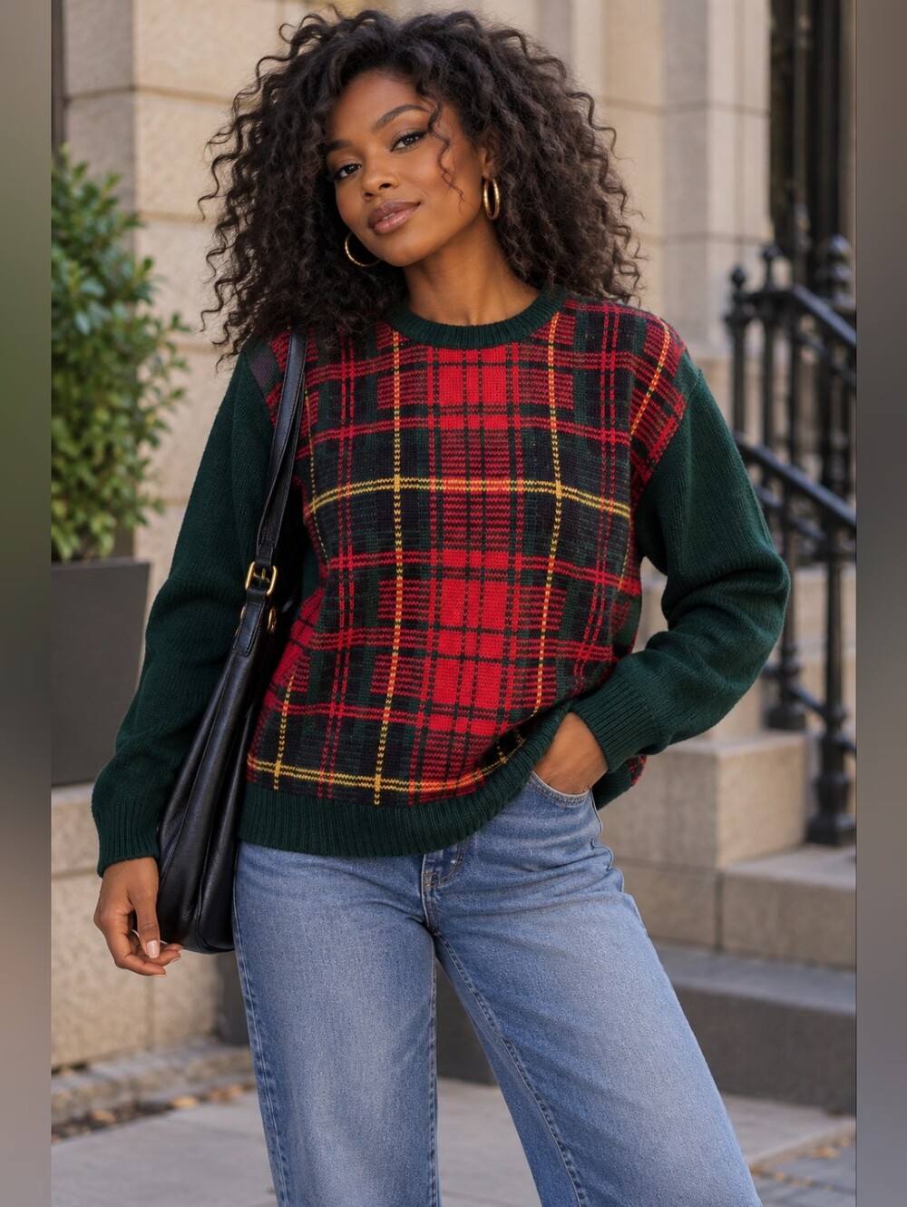 Stefano Deux S Vintage Tartan Plaid Sweater Womens Red Green Preppy Academia
